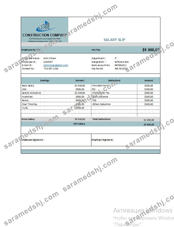 Construction company earning statement in Excel and PDF formats
